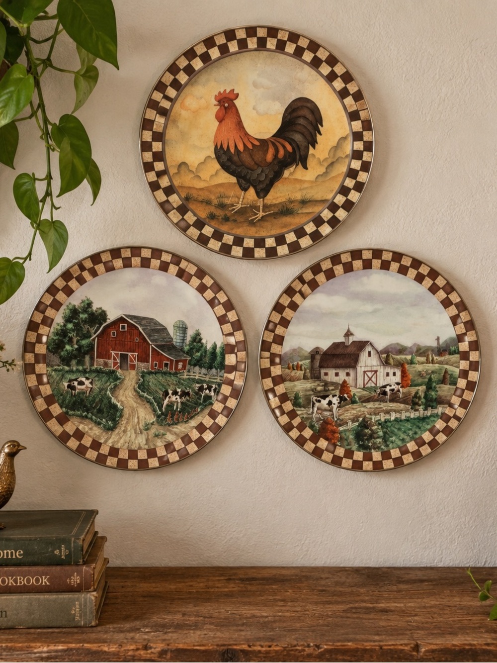 Vintage Brown and Cream Checkered Rooster & Barn Wall Plate Set